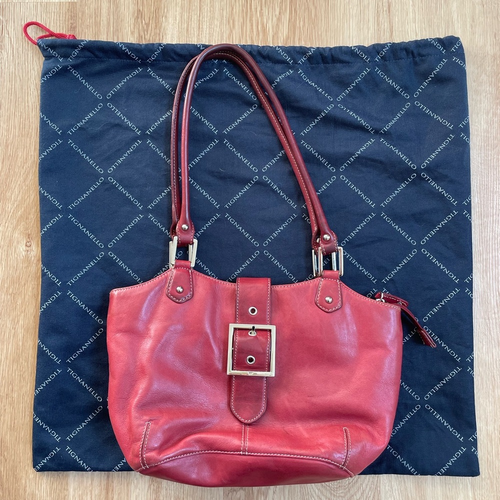 Red leather handbag shoulder bag purse Tignanello silver hardware buckle